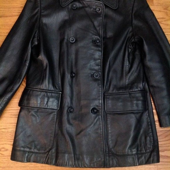 JONES NEW YORK BLACK LEATHER PEACOAT JACKET WOMENS M BUTTON UP DOUBLE BREASTED - Picture 4 of 15